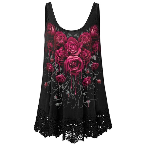 Tops - Black tank with red roses 4x, NEW WITH TAGS